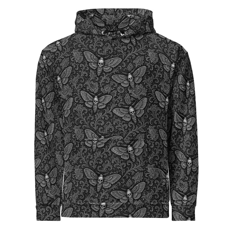 Soul's Messenger White hoodie featuring an all-over death moth pattern inspired by Victorian mourning art, Memento Mori, and gothic folklore.