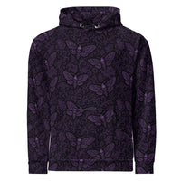 Soul's Messenger Purple hoodie featuring an all-over death moth pattern inspired by Victorian mourning art, Memento Mori, and gothic folklore.