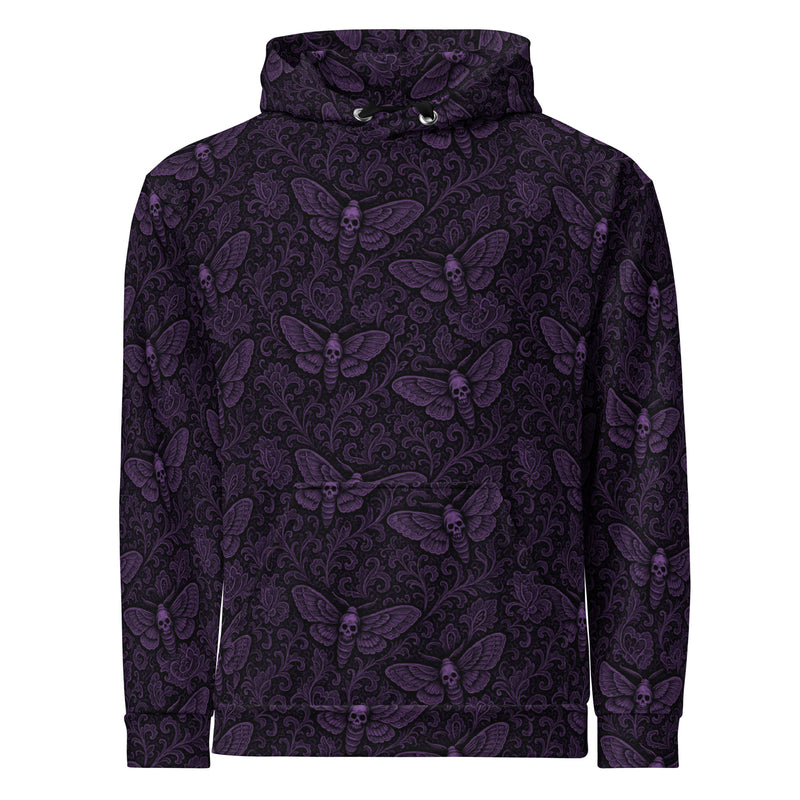 Soul's Messenger Purple hoodie featuring an all-over death moth pattern inspired by Victorian mourning art, Memento Mori, and gothic folklore.