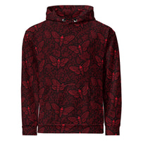 Soul's Messenger Red hoodie featuring an all-over death moth pattern inspired by Victorian mourning art, Memento Mori, and gothic folklore.