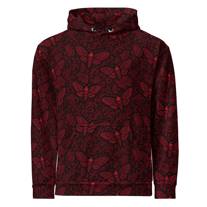 Soul's Messenger Red hoodie featuring an all-over death moth pattern inspired by Victorian mourning art, Memento Mori, and gothic folklore.