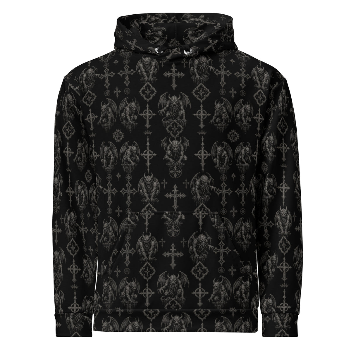 Wardens of Stone hoodie featuring an all-over gargoyle pattern inspired by cathedral guardians, medieval architecture, and Lovecraftian horror.