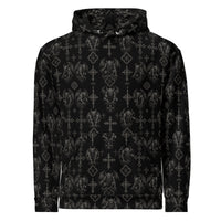 Wardens of Stone hoodie featuring an all-over gargoyle pattern inspired by cathedral guardians, medieval architecture, and Lovecraftian horror.