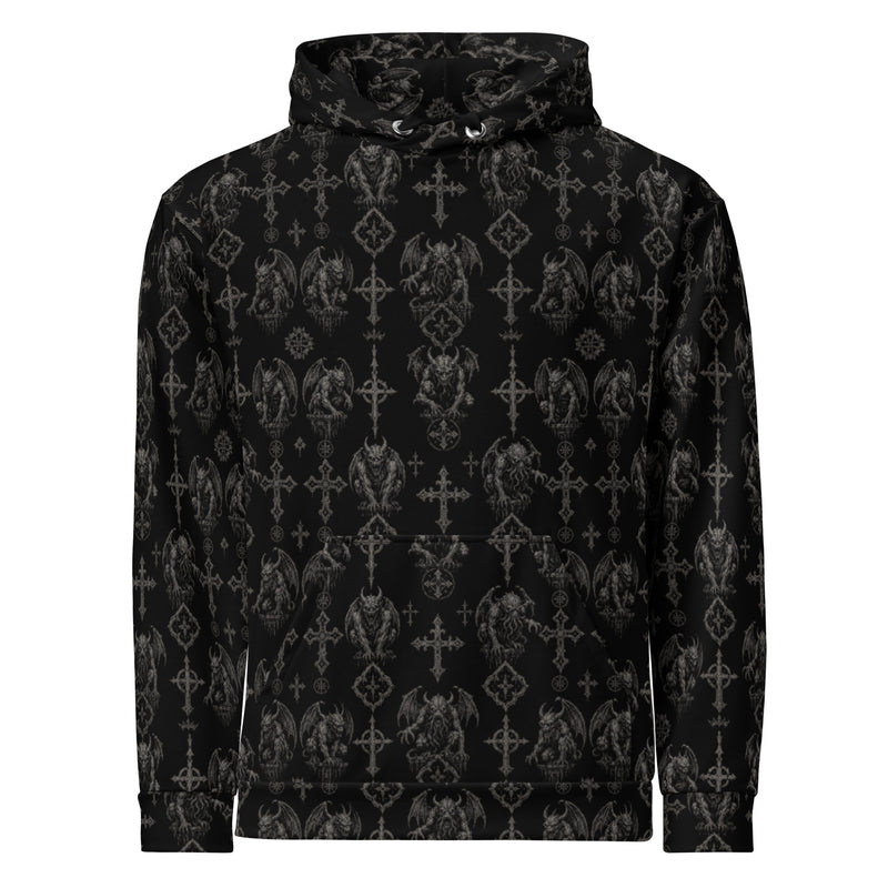 Wardens of Stone hoodie featuring an all-over gargoyle pattern inspired by cathedral guardians, medieval architecture, and Lovecraftian horror.