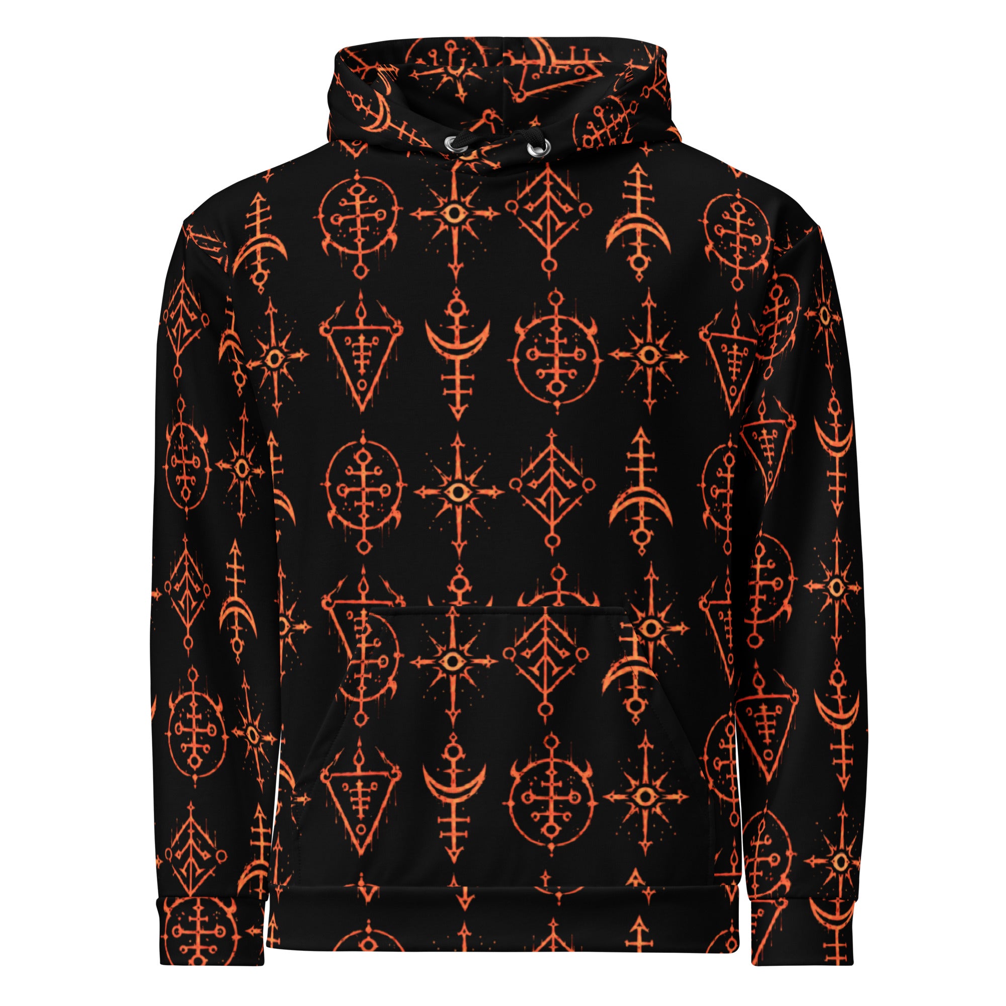 Infernal Invocation hoodie featuring an all-over occult ritual pattern inspired by ceremonial magic, medieval grimoires, and infernal sigils.