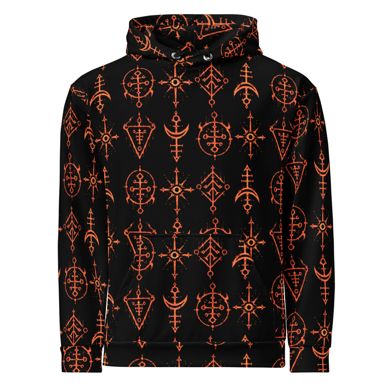 Infernal Invocation hoodie featuring an all-over occult ritual pattern inspired by ceremonial magic, medieval grimoires, and infernal sigils.
