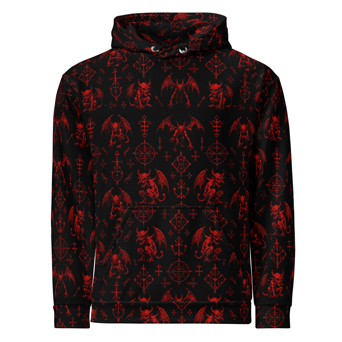 The Fifth Circle Red hoodie featuring an all-over infernal demon bat pattern inspired by Dante's Inferno and medieval demonology.