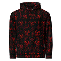 The Fifth Circle Red hoodie featuring an all-over infernal demon bat pattern inspired by Dante's Inferno and medieval demonology.