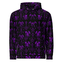 The Fifth Circle Purple hoodie featuring an all-over infernal demon bat pattern inspired by Dante's Inferno and medieval demonology.