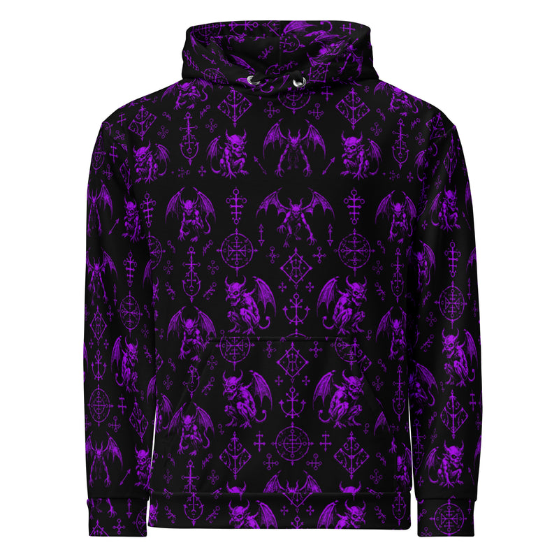 The Fifth Circle Purple hoodie featuring an all-over infernal demon bat pattern inspired by Dante's Inferno and medieval demonology.