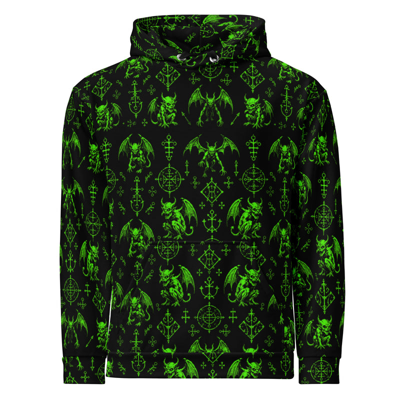 The Fifth Circle Green hoodie featuring an all-over infernal demon bat pattern inspired by Dante's Inferno and medieval demonology.