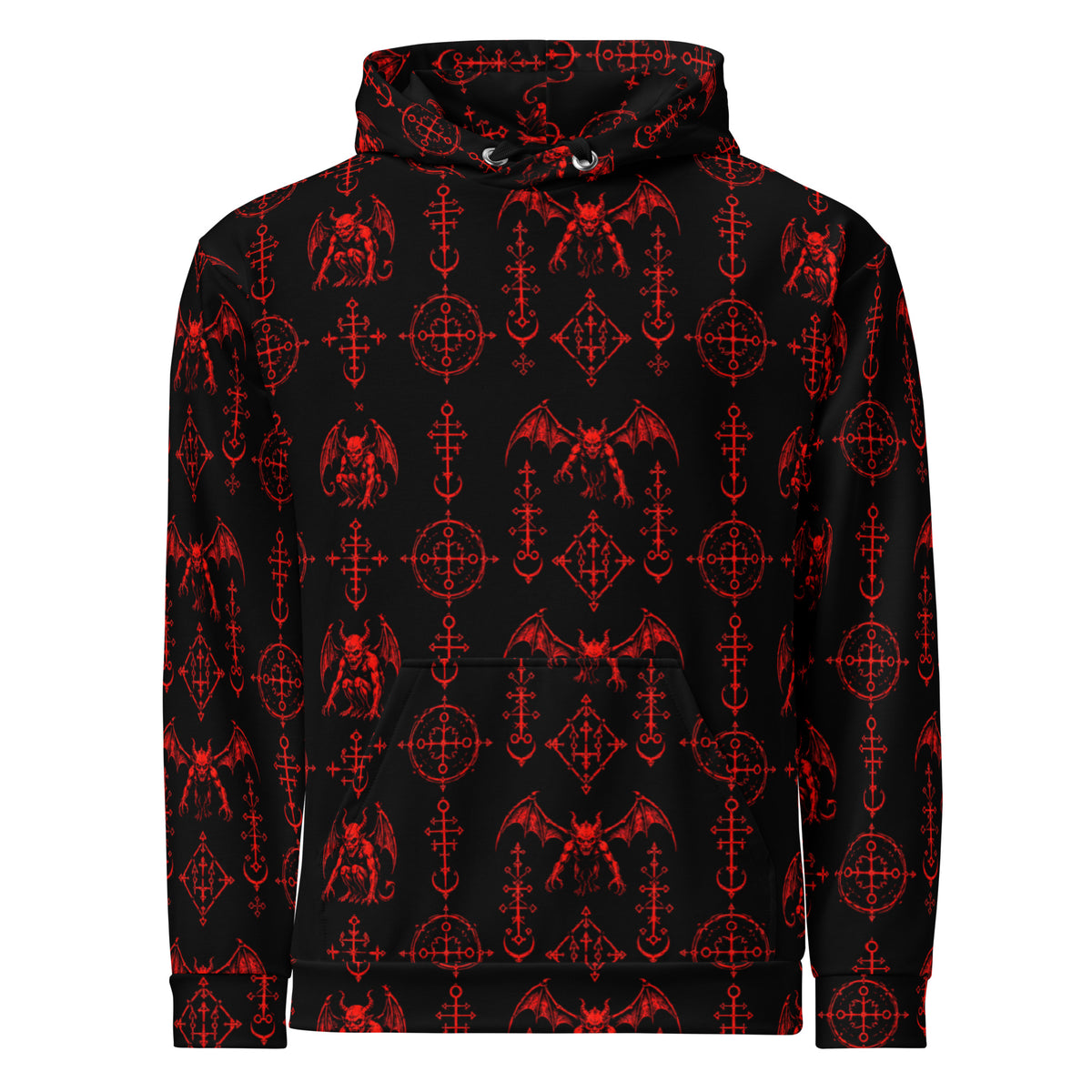 The Sixth Circle Red hoodie featuring an all-over Hellspawn Guardian inspired by Dante's Inferno, medieval demonology, and gothic horror.