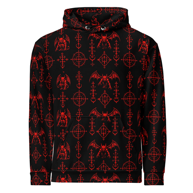 The Sixth Circle Red hoodie featuring an all-over Hellspawn Guardian inspired by Dante's Inferno, medieval demonology, and gothic horror.