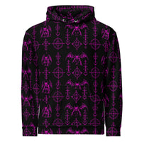 The Sixth Circle Pink hoodie featuring an all-over Hellspawn Guardian inspired by Dante's Inferno, medieval demonology, and gothic horror.