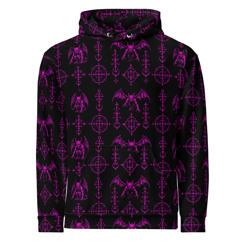 The Sixth Circle Pink hoodie featuring an all-over Hellspawn Guardian inspired by Dante's Inferno, medieval demonology, and gothic horror.