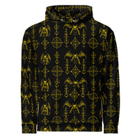 The Sixth Circle Yellow hoodie featuring an all-over Hellspawn Guardian inspired by Dante's Inferno, medieval demonology, and gothic horror.
