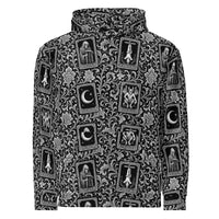 Death’s Fortune tarot horror hoodie featuring The Moon, The Devil, Death and The Hanged Man in an ornate black-and-white occult pattern.