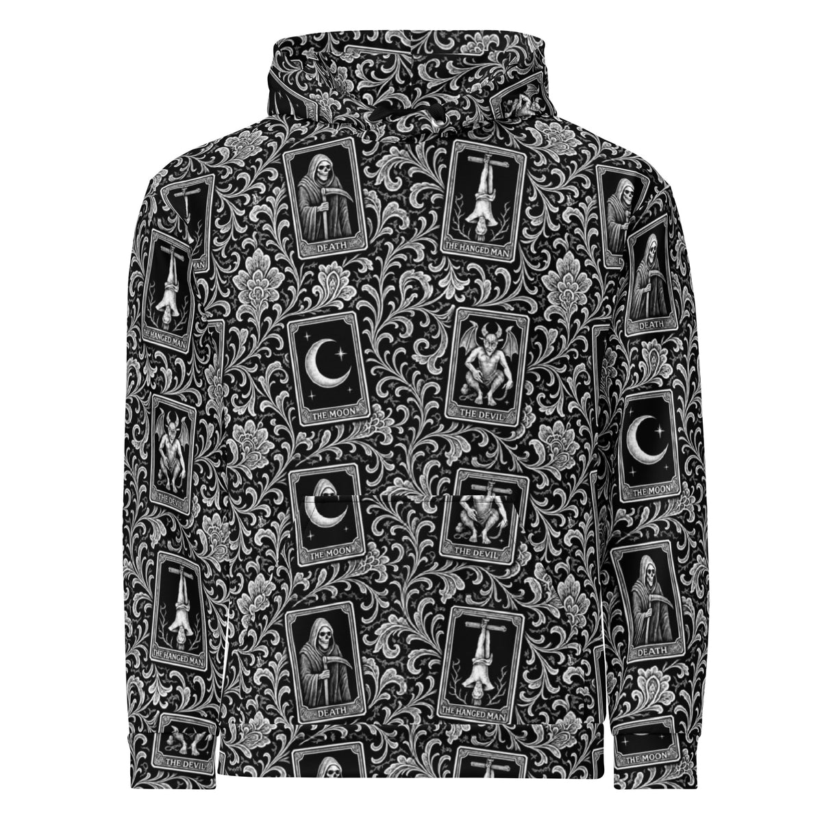 Death’s Fortune tarot horror hoodie featuring The Moon, The Devil, Death and The Hanged Man in an ornate black-and-white occult pattern.