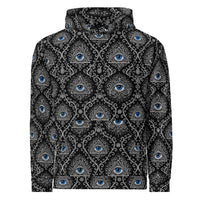 Second Sight psychic eye horror hoodie featuring electric-blue eyes, black-and-white mystical ornamentation and an all-over occult-inspired pattern.
