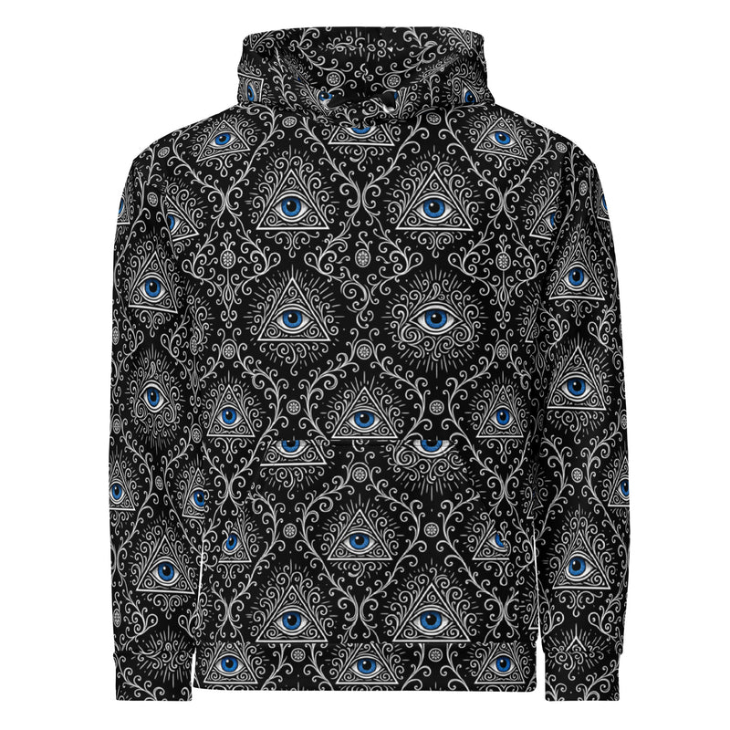 Second Sight psychic eye horror hoodie featuring electric-blue eyes, black-and-white mystical ornamentation and an all-over occult-inspired pattern.