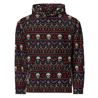 Merry Skull-Mas horror Christmas hoodie featuring faux-knit skulls, bats, snowflakes and festive red, purple and white patterns on black.