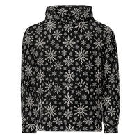 Dead of Winter gothic Christmas hoodie featuring black and ivory faux-knit snowflakes in a dark ugly sweater-inspired all-over pattern.