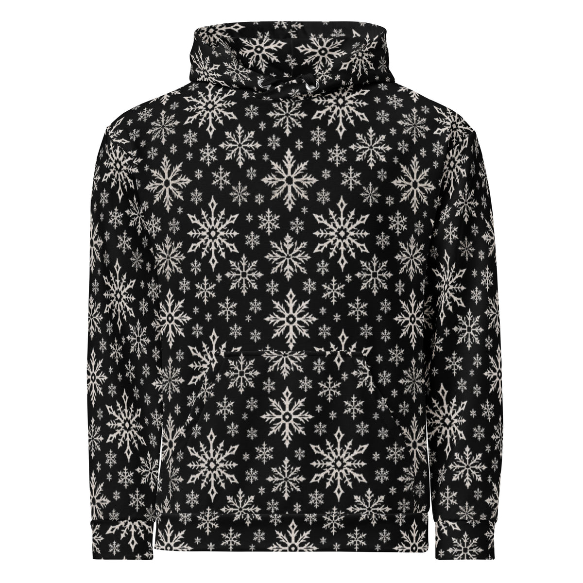 Dead of Winter gothic Christmas hoodie featuring black and ivory faux-knit snowflakes in a dark ugly sweater-inspired all-over pattern.