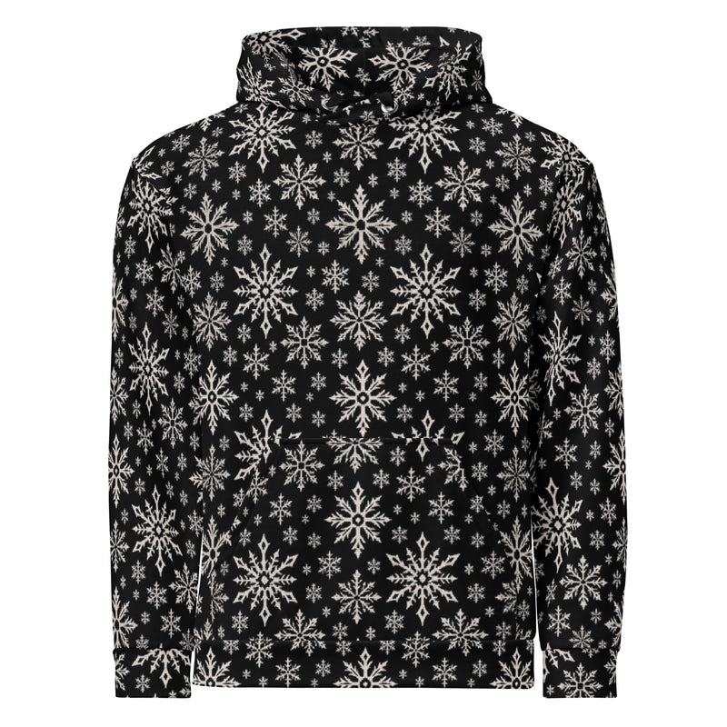 Dead of Winter gothic Christmas hoodie featuring black and ivory faux-knit snowflakes in a dark ugly sweater-inspired all-over pattern.