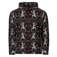 Krampusnacht horror Christmas hoodie featuring white Krampus figures, red snowflakes and a black faux-knit ugly sweater-inspired pattern.