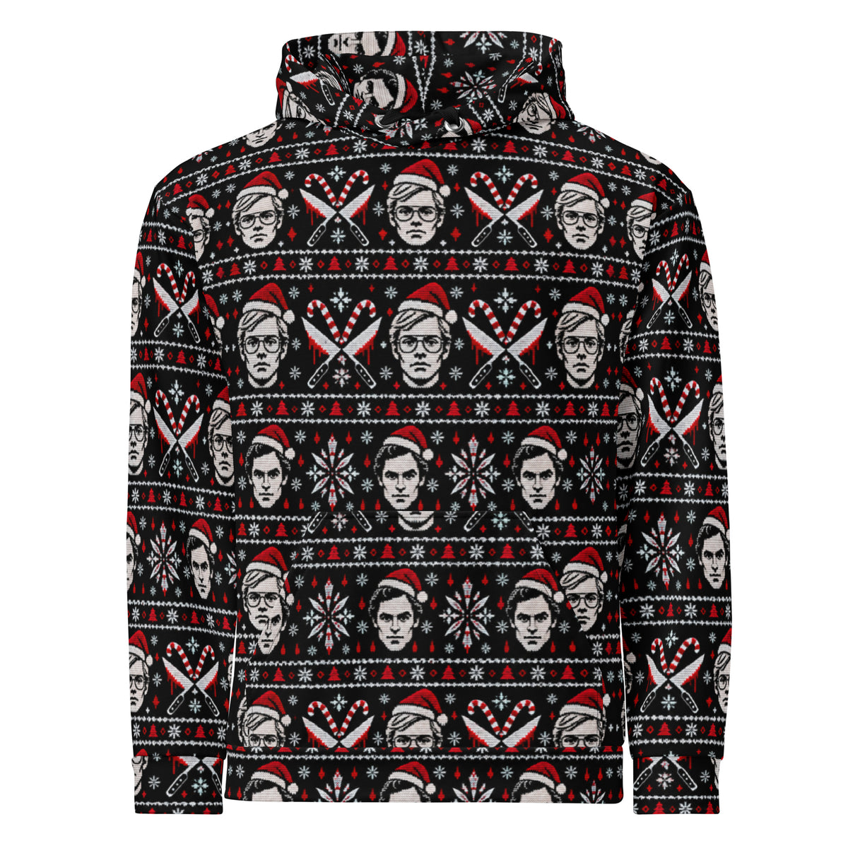 Slay Bells serial killer horror hoodie featuring sinister portrait motifs, crossed knives, candy canes, snowflakes and red faux-knit holiday details.