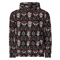 Slay Bells serial killer horror hoodie featuring sinister portrait motifs, crossed knives, candy canes, snowflakes and red faux-knit holiday details.