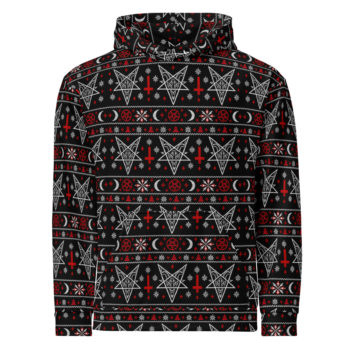 Hail Santa satanic Christmas hoodie featuring Baphomet, inverted crosses, pentagrams, crescent moons and red and white faux-knit holiday motifs.