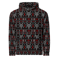 Hail Santa satanic Christmas hoodie featuring Baphomet, inverted crosses, pentagrams, crescent moons and red and white faux-knit holiday motifs.