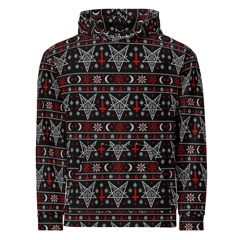 Hail Santa satanic Christmas hoodie featuring Baphomet, inverted crosses, pentagrams, crescent moons and red and white faux-knit holiday motifs.