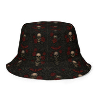 Crimson Mourning reversible bucket hat featuring dark floral Funeral Garden artwork on one side and a black My Evil Things branded reverse side.