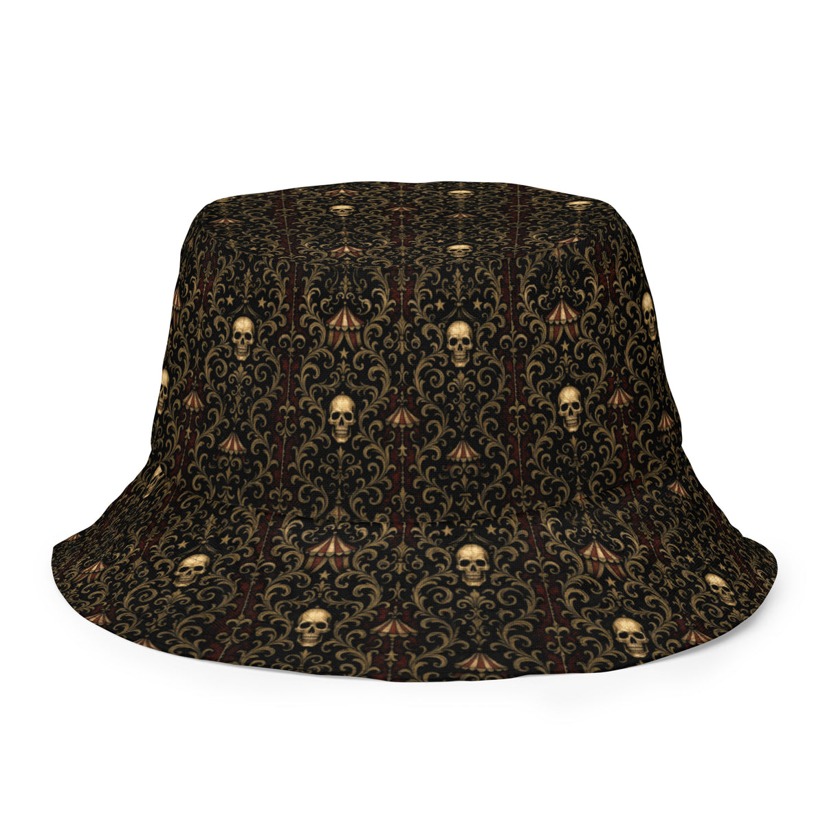 Midway of Death reversible bucket hat featuring abandoned carnival horror artwork on one side and a black My Evil Things branded reverse side.
