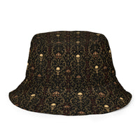 Midway of Death reversible bucket hat featuring abandoned carnival horror artwork on one side and a black My Evil Things branded reverse side.
