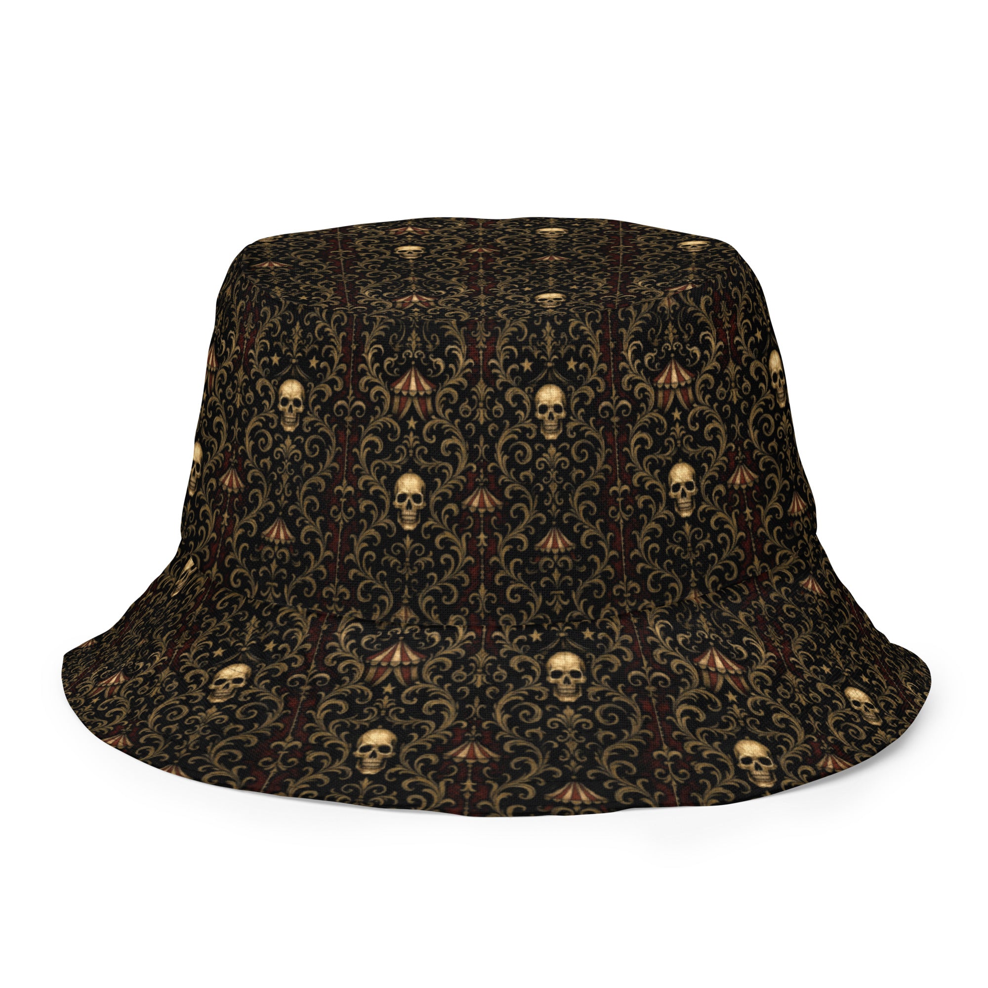 Midway of Death reversible bucket hat featuring abandoned carnival horror artwork on one side and a black My Evil Things branded reverse side.
