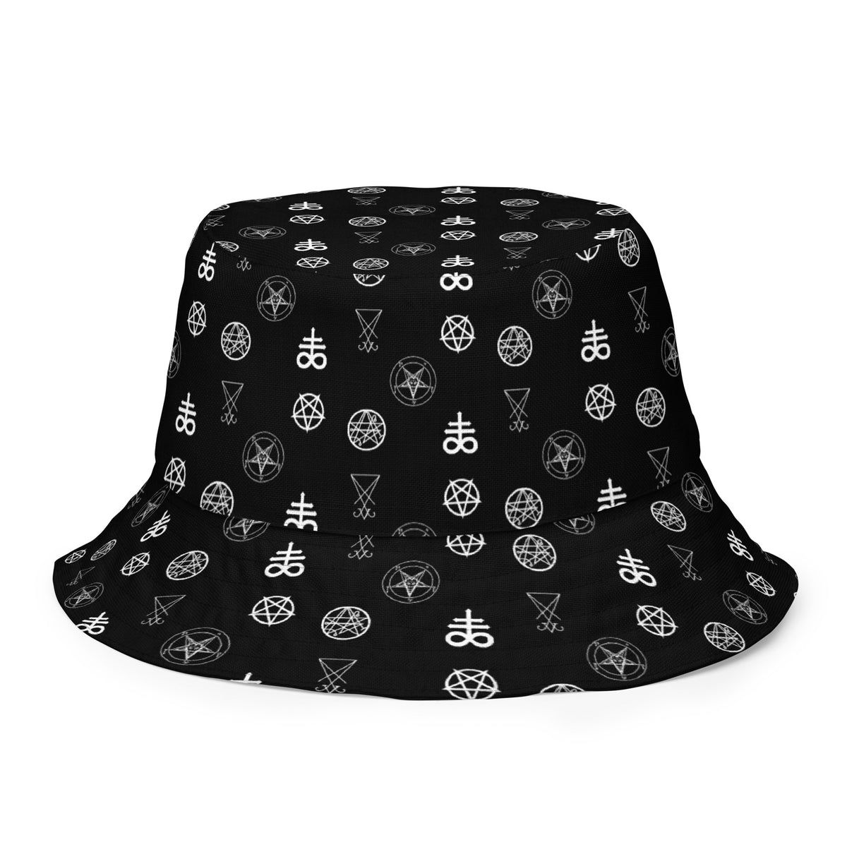 Infernal Sigils reversible bucket hat featuring occult symbol and ritual sigil artwork on one side and a black My Evil Things branded reverse side.