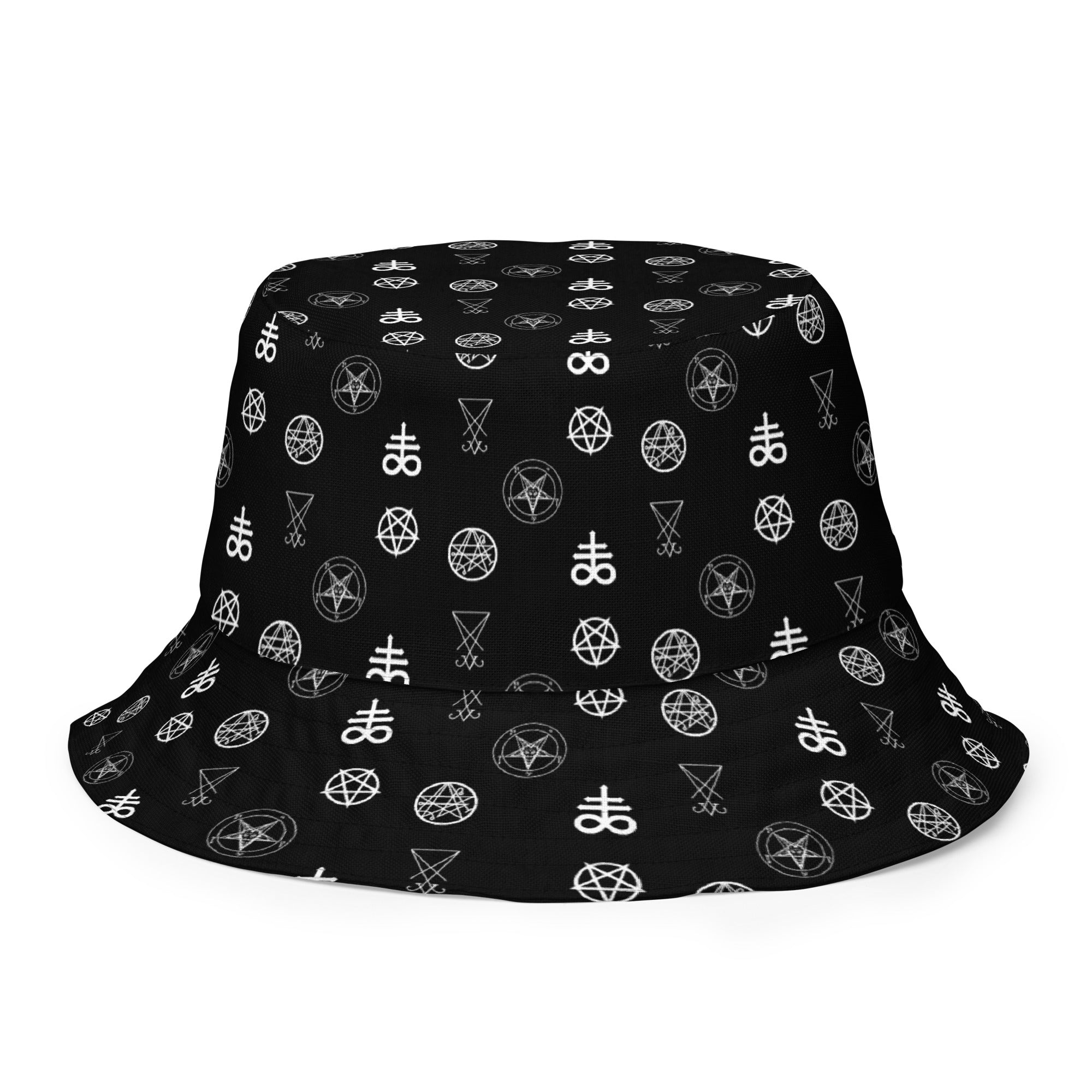 Infernal Sigils reversible bucket hat featuring occult symbol and ritual sigil artwork on one side and a black My Evil Things branded reverse side.