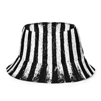 Black Parade reversible bucket hat featuring vintage carnival horror artwork on one side and a black My Evil Things branded reverse side.