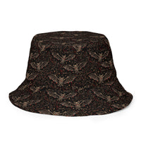 Nocturnal Requiem reversible bucket hat featuring vampire bat horror artwork on one side and a black My Evil Things branded reverse side.
