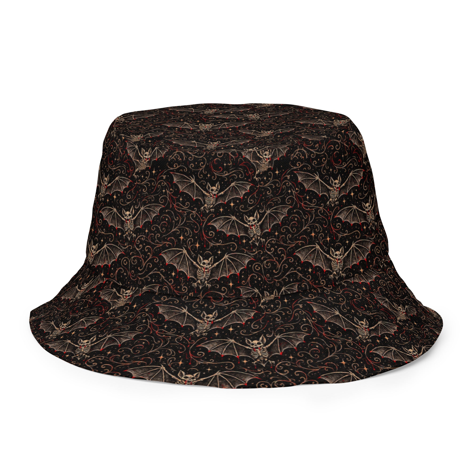 Nocturnal Requiem reversible bucket hat featuring vampire bat horror artwork on one side and a black My Evil Things branded reverse side.