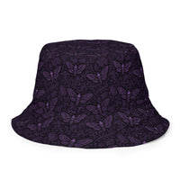 Soul’s Messenger Purple reversible bucket hat featuring death moth horror artwork on one side and a black My Evil Things branded reverse side.