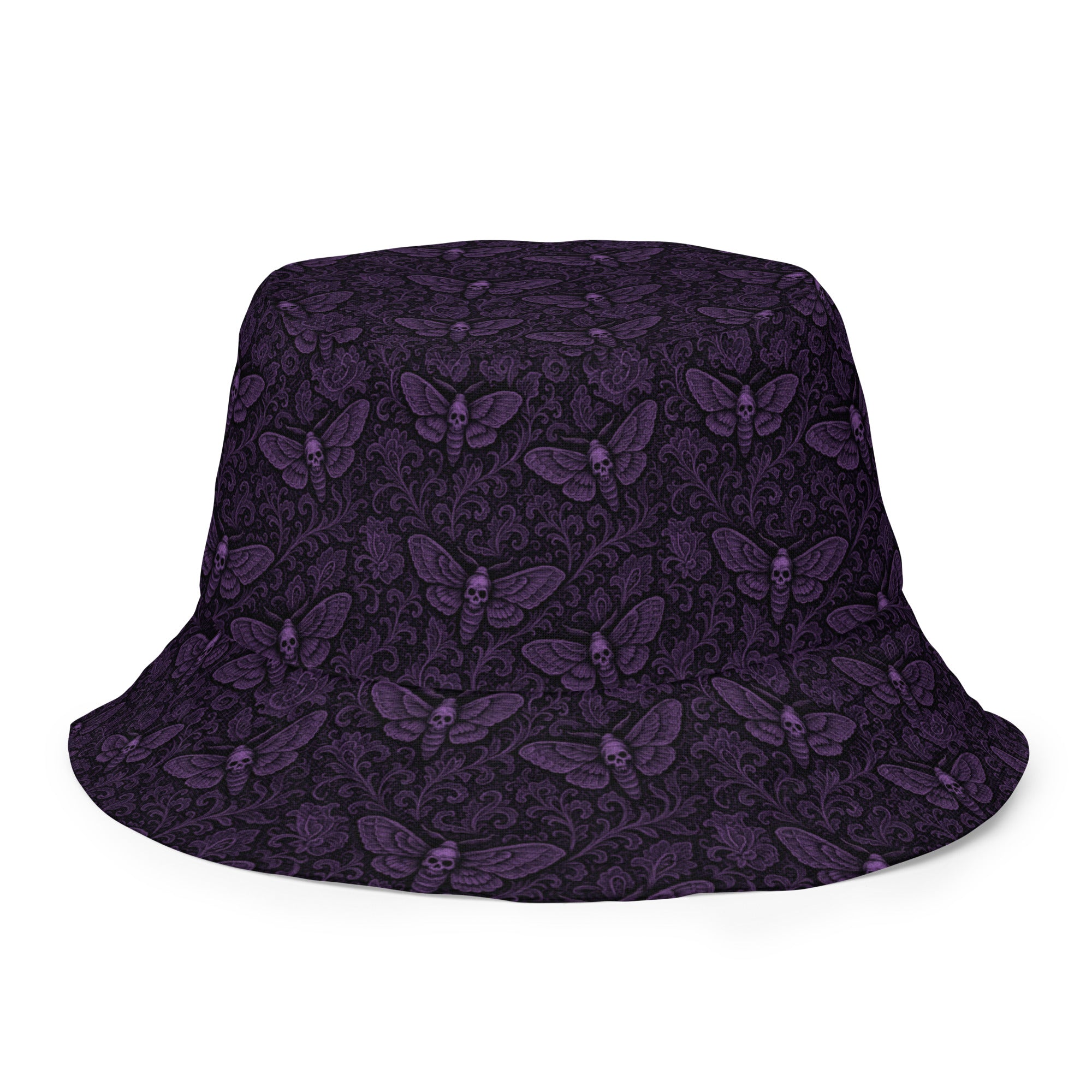 Soul’s Messenger Purple reversible bucket hat featuring death moth horror artwork on one side and a black My Evil Things branded reverse side.