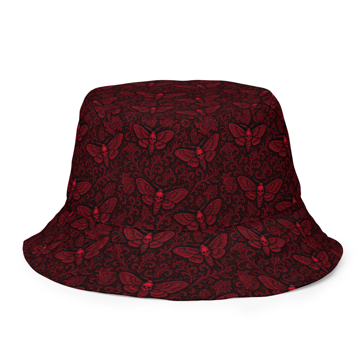 Soul’s Messenger Red reversible bucket hat featuring death moth horror artwork on one side and a black My Evil Things branded reverse side.
