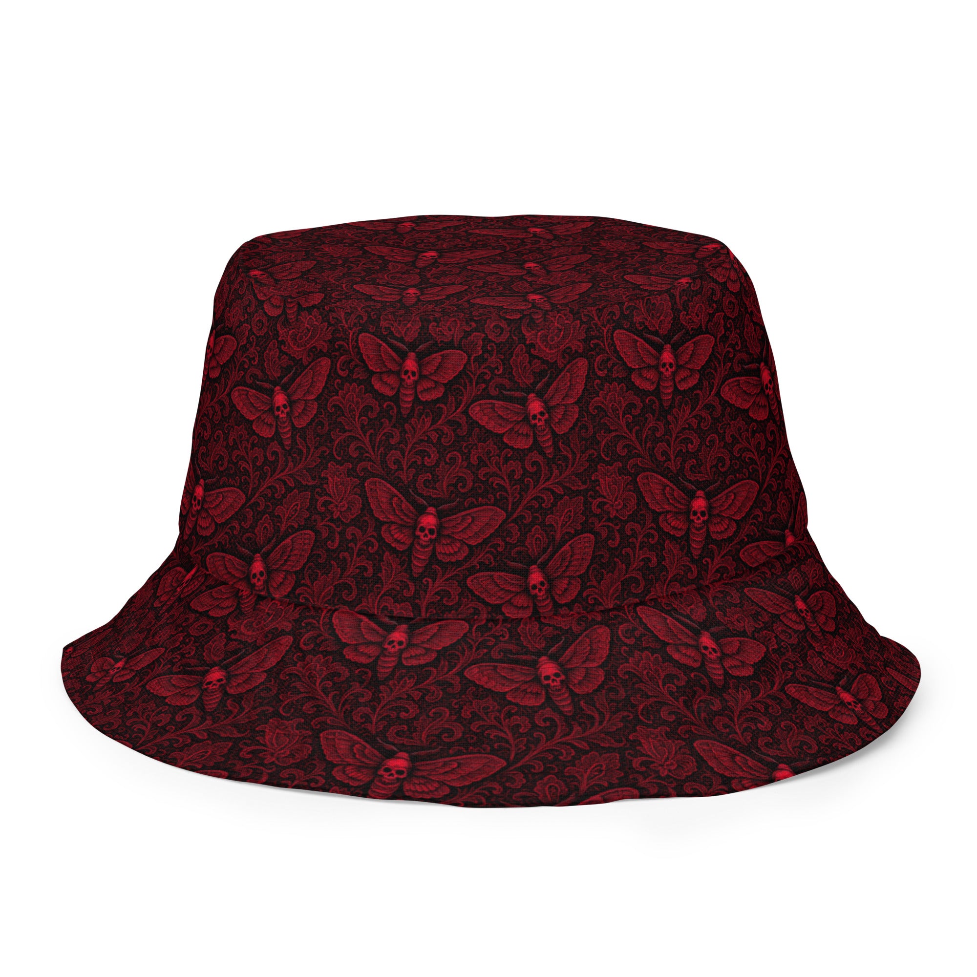 Soul’s Messenger Red reversible bucket hat featuring death moth horror artwork on one side and a black My Evil Things branded reverse side.