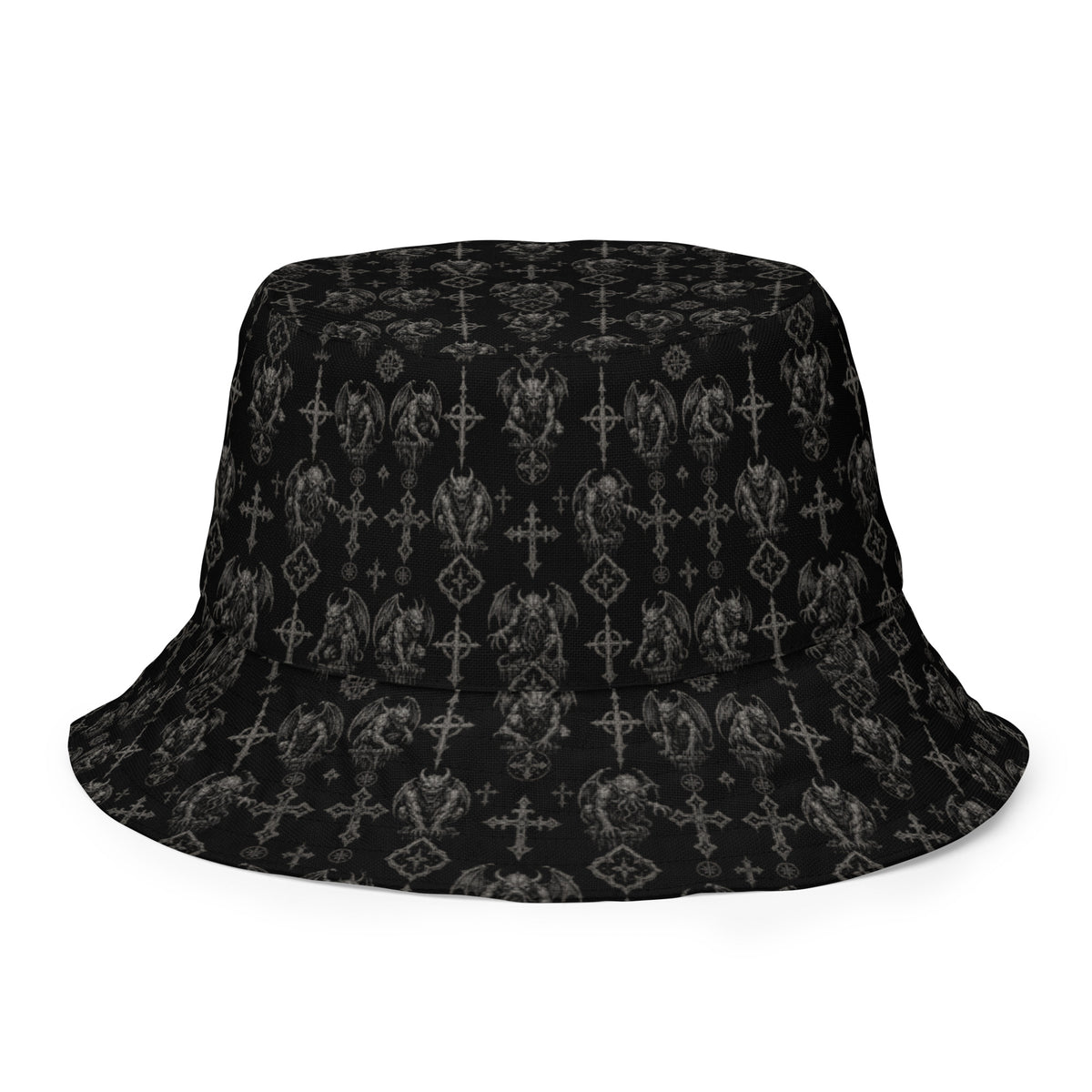 Wardens of Stone reversible bucket hat featuring gothic gargoyle horror artwork on one side and a black My Evil Things branded reverse side.