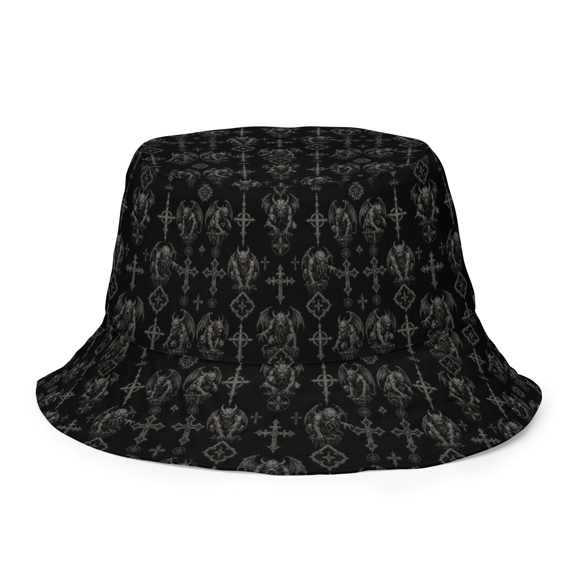 Wardens of Stone reversible bucket hat featuring gothic gargoyle horror artwork on one side and a black My Evil Things branded reverse side.