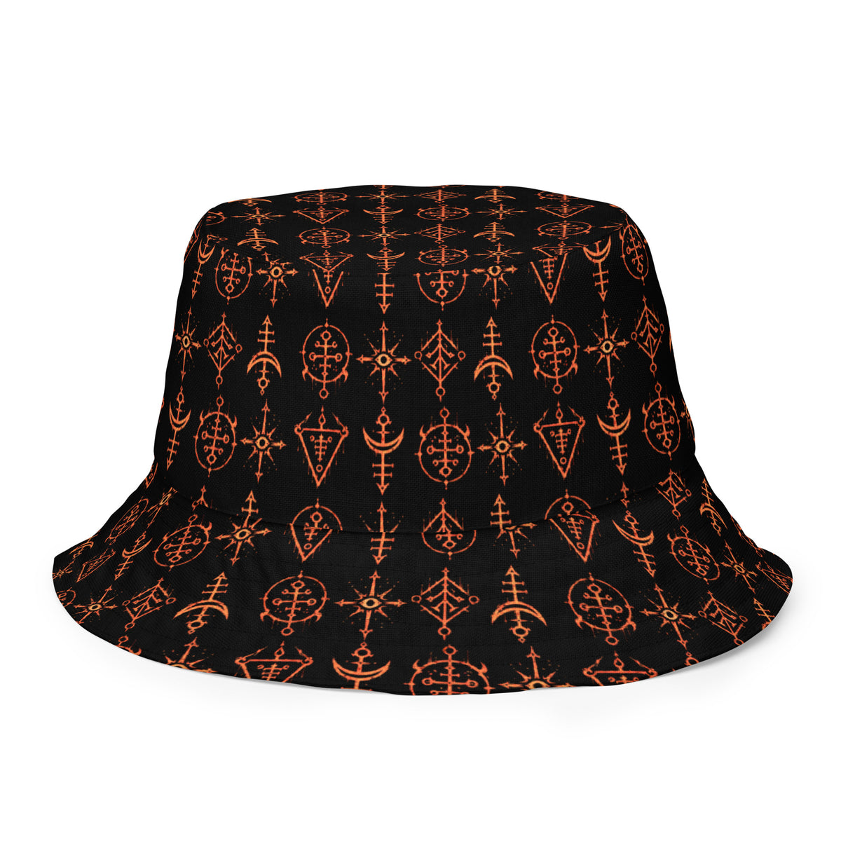 Infernal Invocation reversible bucket hat featuring occult ritual and infernal symbol artwork on one side and a black My Evil Things branded reverse side.